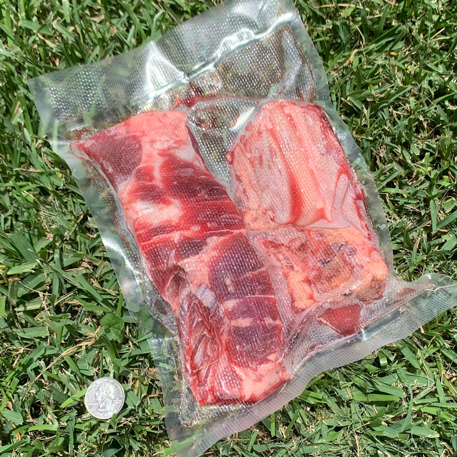 Sealed package of raw meat on grass beside a coin.