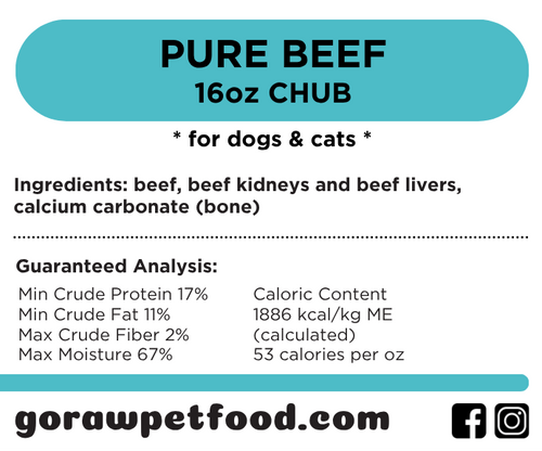 Go Raw Pet Food packaging for Pure Beef 16oz  chub with ingredients and guaranteed analysis.