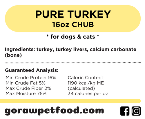 Go Raw Pet Food packaging for Pure Turkey 16oz Chub with ingredients and guaranteed analysis.
