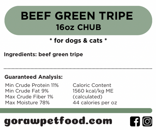 Go Raw Pet Food product label for Beef Green Tripe with ingredients and guaranteed analysis.