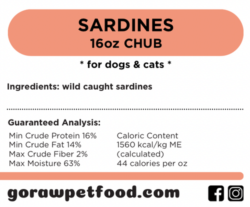 Go Raw Pet Food sardine packaging with product details and guaranteed analysis.